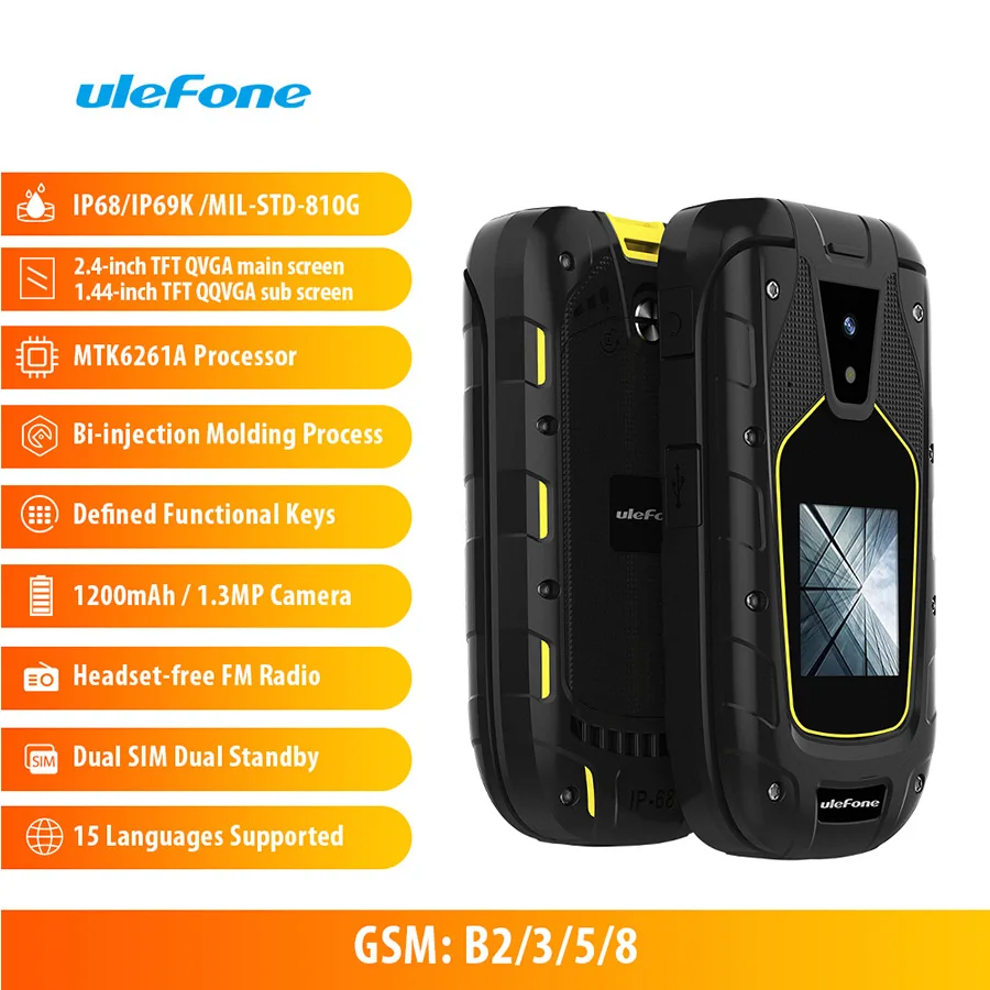 Ulefone бронированный флип IP68/IP69K водонепроницаемый мобильный телефон 1200 мАч