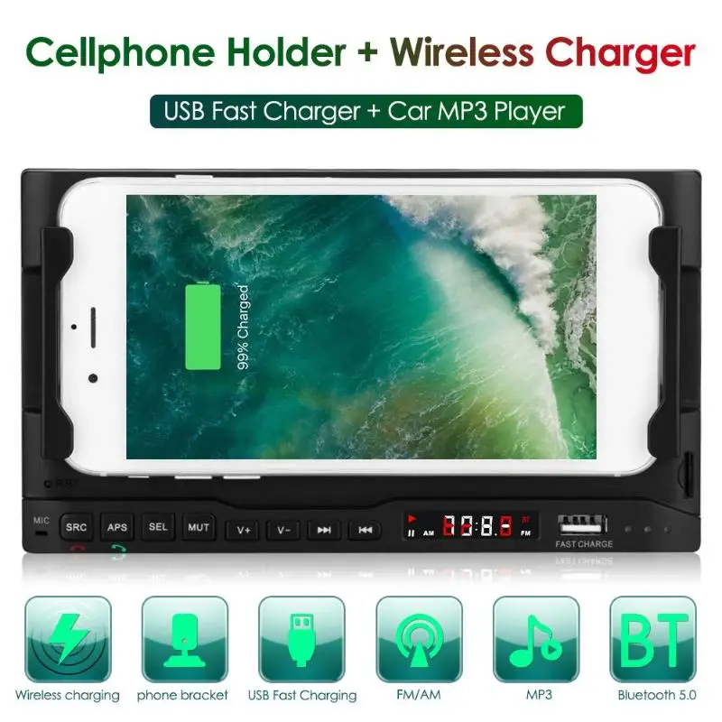 

Multifunction Car MP3 Player 15W Fast Charging Wireless Charger for iPhone Samsung Bluetooth Lossless Music Player Phone Holder
