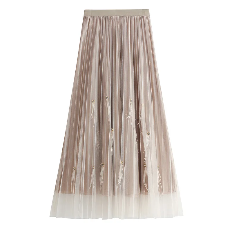 Белые газовые плиссированные юбки, женские длинные плиссированные юбки феи с перьями, бархатная юбка с завышенной талией для девочек, зима 8186
