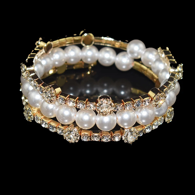 Fashion Crystal Open Wrist Bangles for Women Girls Luxury Imitation Pearl Gold Silver Plated Bracelets Bangles Bridal Jewelry 2