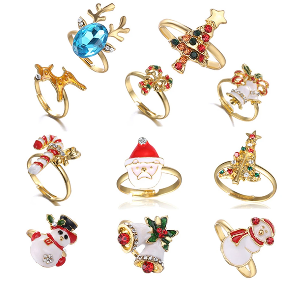 

New Fashion Christmas Adjustable Ring Santa Claus Christmas Tree Enamel Jingle Bells Elk Crystal Rhinestone Unisex Fashion Jewel