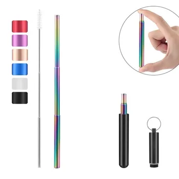 

Reusable Stainless Steel Straws with Aluminum Keychain Case Cleaning Brush Collapsible Telescopic Portable Drinking Straws