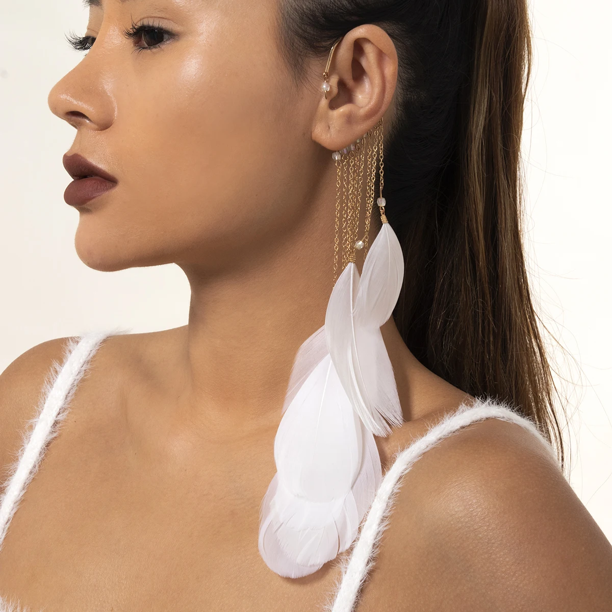 Exaggerated Long Tassel Elf Ears Cuff Earrings For Women Vintage Feather Earrings Fashion Jewelry without Puncture