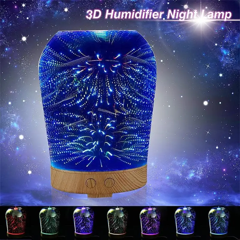 

Starburst Diffusers for Essential Oils, Color Changing 100ml Ultrasonic Cool Mist Humidifier with 3D Glass LED Night Lights