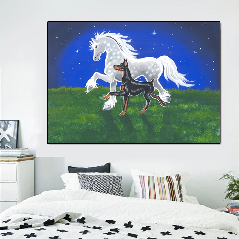 

Fantasy Oil Painting Dog Dance With Horse doberman miracle Wall painting Home Decorative Wall Art Picture For Living Room
