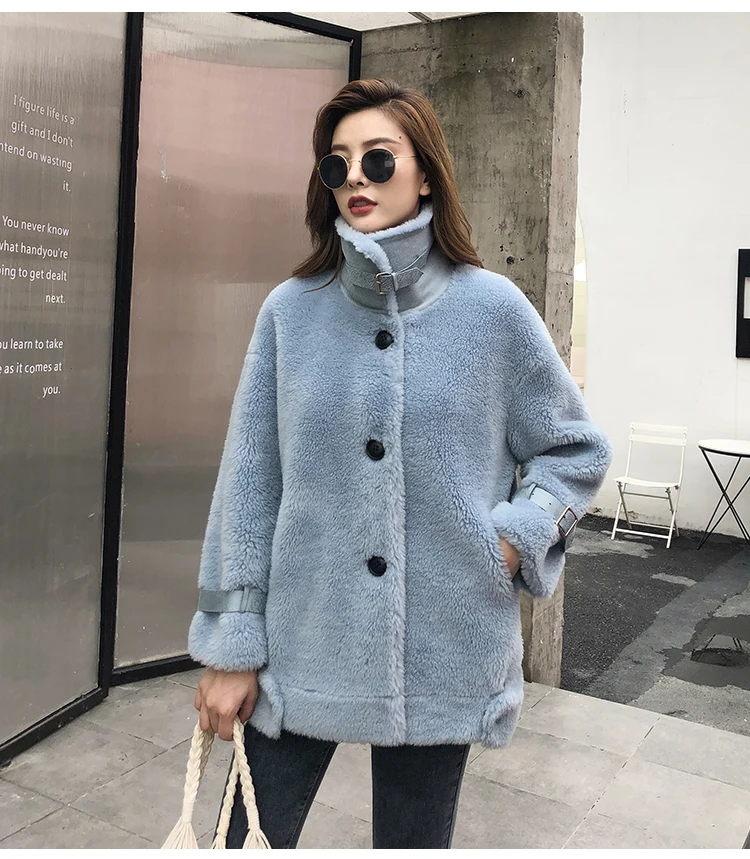 blue Новое гранулированное шерстяное пальто для стрижки овец Женское пальто из натурального овечьего меха шерстяная куртка не осенний мех размера плюс F1103 - Цвет: blue