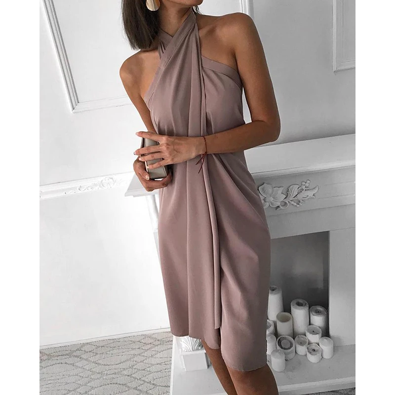 

Sexy Women Halter Sleeveless Off Shoulder Loose Solid Casual Dress Ladies Backless Irregular Chiffon Club Party Dress SJ4332M