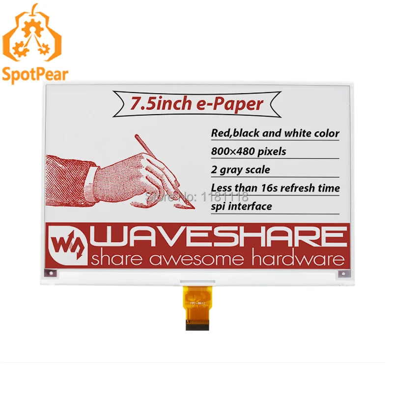 

7.5inch E-Paper (B) E-Ink Raw Display, 800×480, Red / Black / White, SPI, Without PCB