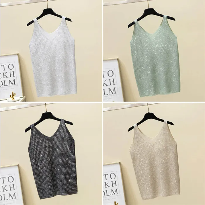 Женщины без рукавов Sequin Cami Tank Top Knit Полосатый свободный крой летний топ рубашка-OPK