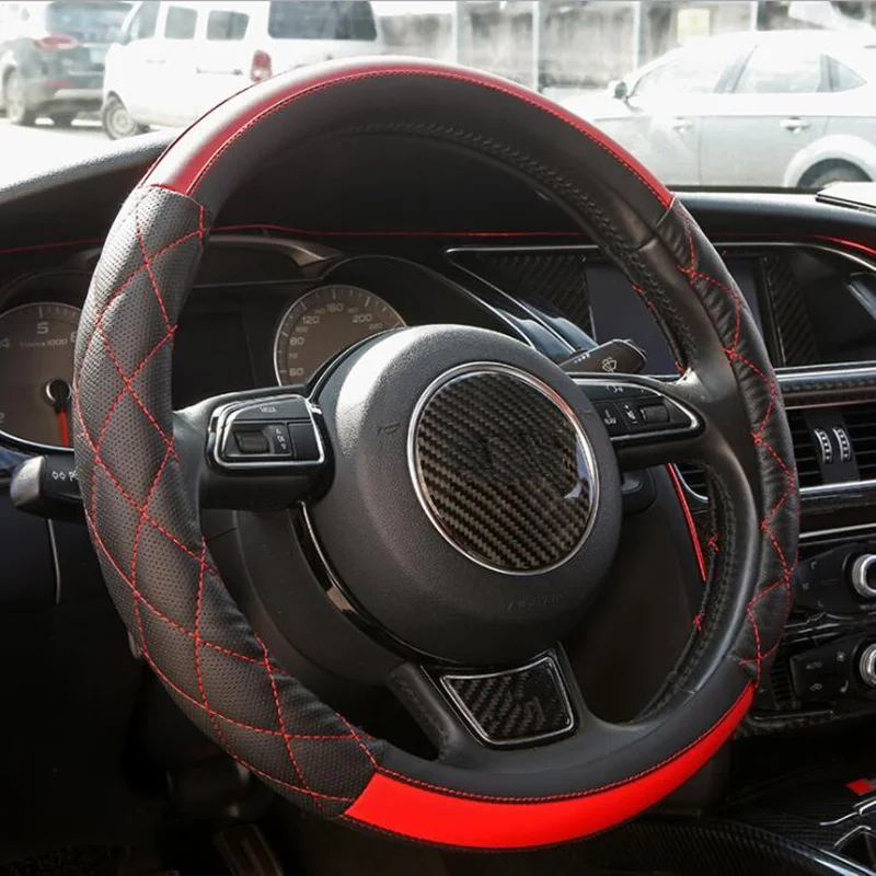 Чехол рулевого колеса автомобиля для 37-38 см кожа дышащая ткань оплетка автомобиля рулевое колесо крышка авто аксессуары для интерьера - Название цвета: Красный
