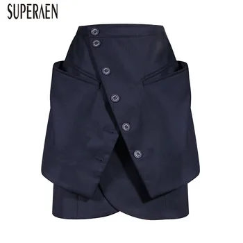 

SuperAen Europe Skirts Women 2020 Spring and Summer New Solid Color Wild Cotton Ladies Skirts High Waist Irregular Skirts Female