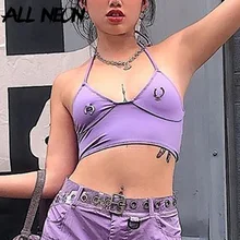 

ALLNeon Y2K Aesthetics Sexy Rings Trim Bandage Halter Tops 2000s Fashion Cute Backless V-neck Cropped Tanks Summer Clubwear 2022