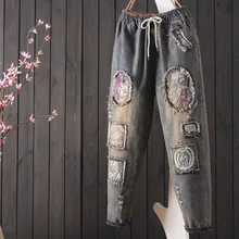 Новые джинсы больших размеров для женщин s Wash вышивка рваные джинсовые брюки женская мода молния с эластичной резинкой на поясе ковбойские шаровары