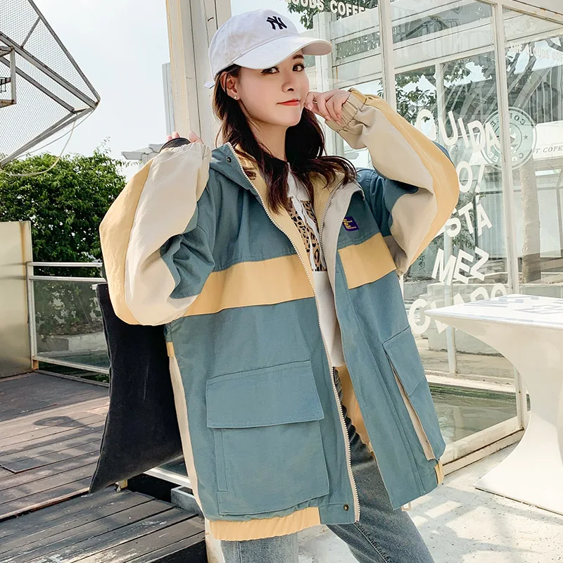 

Spring And Autumn Workwear Coat Women's 2019 New Style INS Fashion Loose-Fit BF Style Joint Harajuku Vintage Handsome Hooded Top
