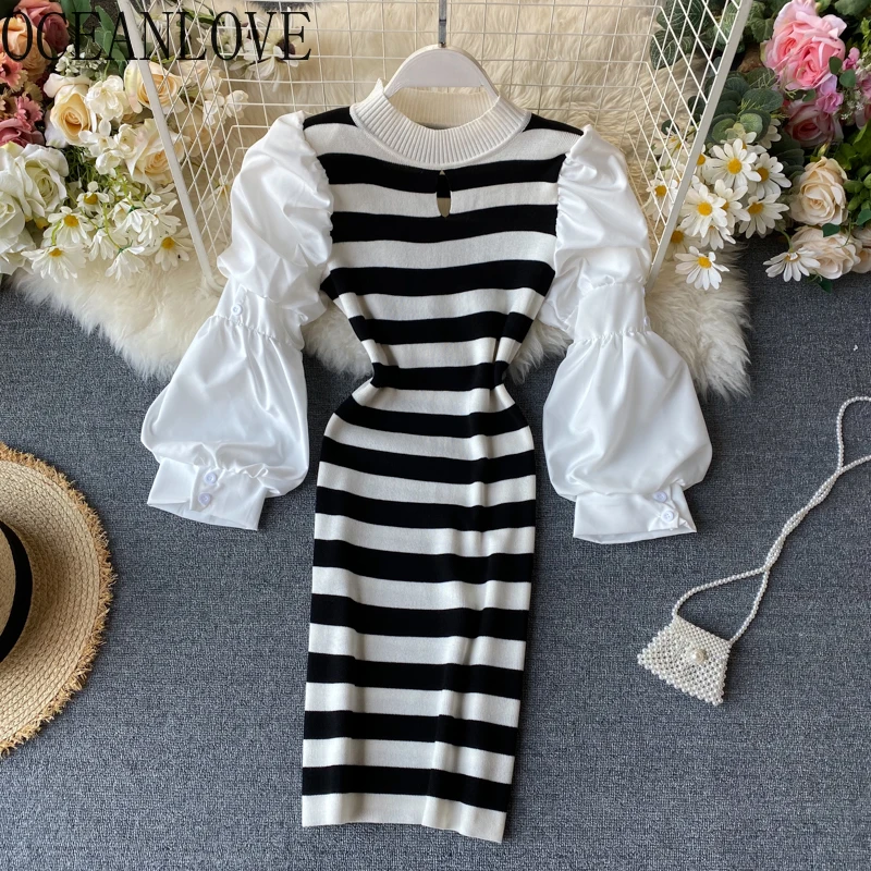 OCEANLOVE 2020 Striped Bodycon Party Dress Korean Sexy Knitted Patchwork Vestidos Spring Autumn Puff Sleeve Dresses Slim 13679 | Женская