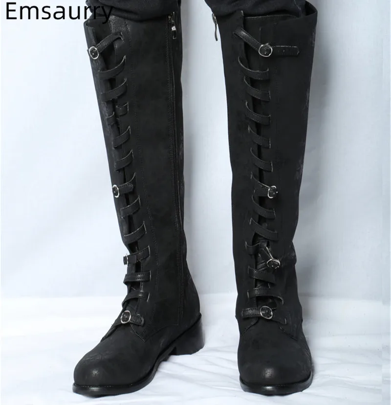 

Fashion Boots Woman Round Toe Knee-High Bottes Decor Buckles Back Zipper Comfy Med Square Heel Retro Riding Boots Woman 35-42