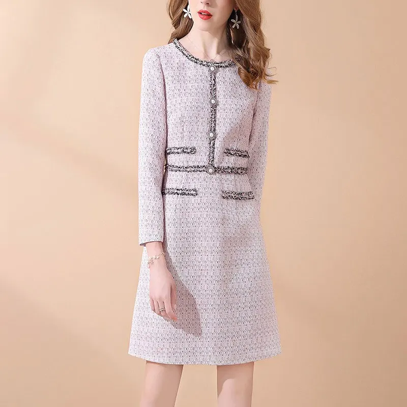 

2019 New Autumn And Winter Tweed Dress Women Vintage Wool Chic Dresses Elegant Long Sleeve Woolen Runway party Dress