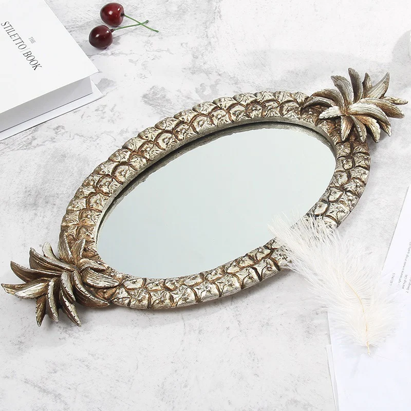 Vintage European Glass Metal Storage Tray Gold Oval Dotted Fruit Plate Desktop Small Items Jewelry Display Tray Mirror