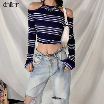

KLALIEN fashion striped female t shirt autumn long sleeve sexy off shoulder top office lady casual street slim t shirt women