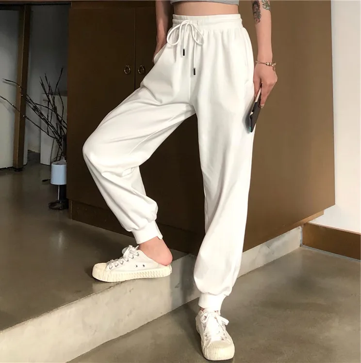 Korean chic White High Waist Harem Pants Women Casual Loose Black Long Pants Female Summer Pocket Lace-up Elastic Trousers