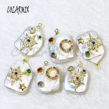 

8 Pcs Square fresh water pearls pendant pave zircon charms jewelry accessorizes jewelry charms jewelry making gift 9505