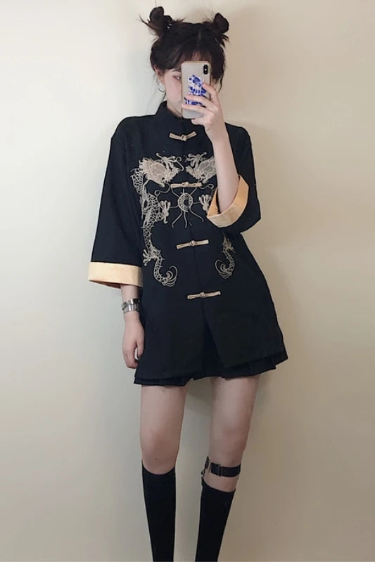 Черный готический костюм, платье-рубашка для девочек, Женская Китайская традиционная блуза, однобортный пиджак с вышивкой дракона