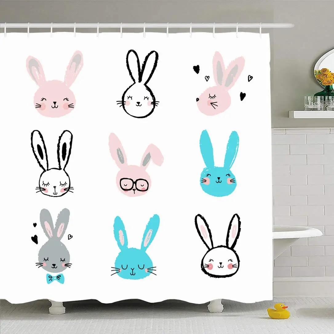 

Shower Curtain Set with Hooks 66x72 Bunny Rabbits Cute Holiday Characters for Set Pink Animals Wildlife Holidays Paper Baby