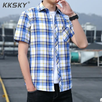 

2019 Summer Men's Plaid Shirt Casual Thin Short Sleeve Shirt Tide Handsome Shirt Hot Slae For Homme Blue Shirt Single-breasted