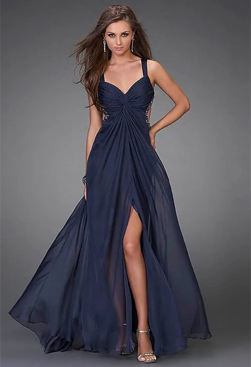 

Vestido longo robe De soiree Festa 2018 Hot Sale Design New Backless Sexy Open Leg Navy Blue Beading Chiffon bridesmaid dresses