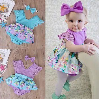 

Summer Toddler Kids Baby Girl Princess Floral Romper Dress Newborn Clothes Lace Sleeve+Headband 2Pcs Outfits Sunsuit