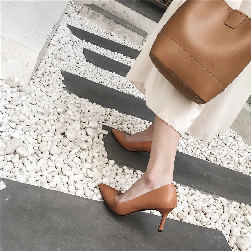 

Inside And Pure Leather Commuting Solid Color High Heel Shoes 2019 Spring Genuine Leather Pointed Shoes Thin Heeled-Low-Cut WOME