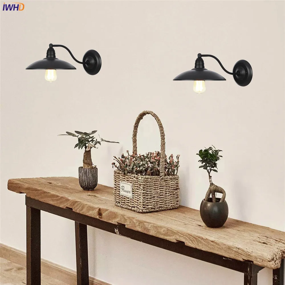IWHD American Country Retro LED Wall Lights For Home Lighting Black Metal Bathroom Mirror Stair Light Glass Vintage Wall Lamp