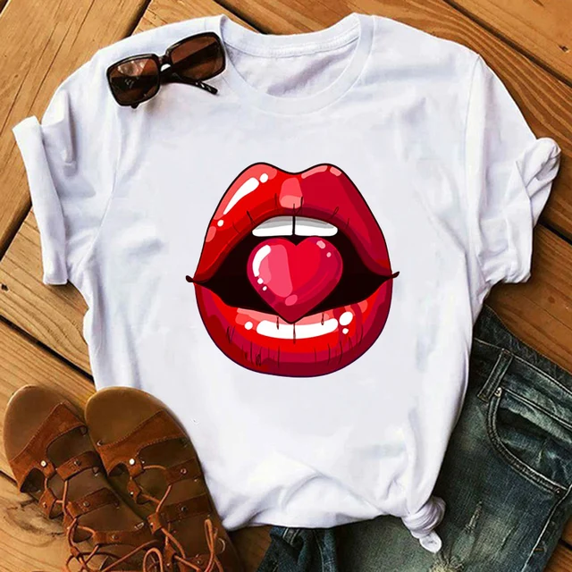 Women Tops O-neck Sexy Black Tees Kiss Lip Funny Summer Female Soft T Shirt Lips Watercolor Graphic T Shirt Top9180 10107-white