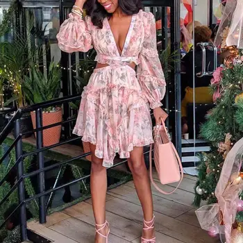 

Sexy Print Dress Female Chiffon V Neck Hollow Out Lantern Sleeve High Waist Mini Dresses Summer Fashion Sweet New