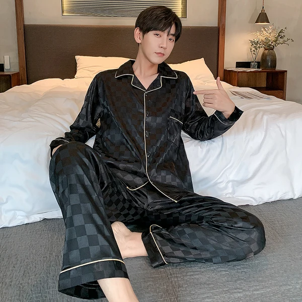 Осенние мужские брюки Пижамный костюм Высококачественная шелковая домашняя