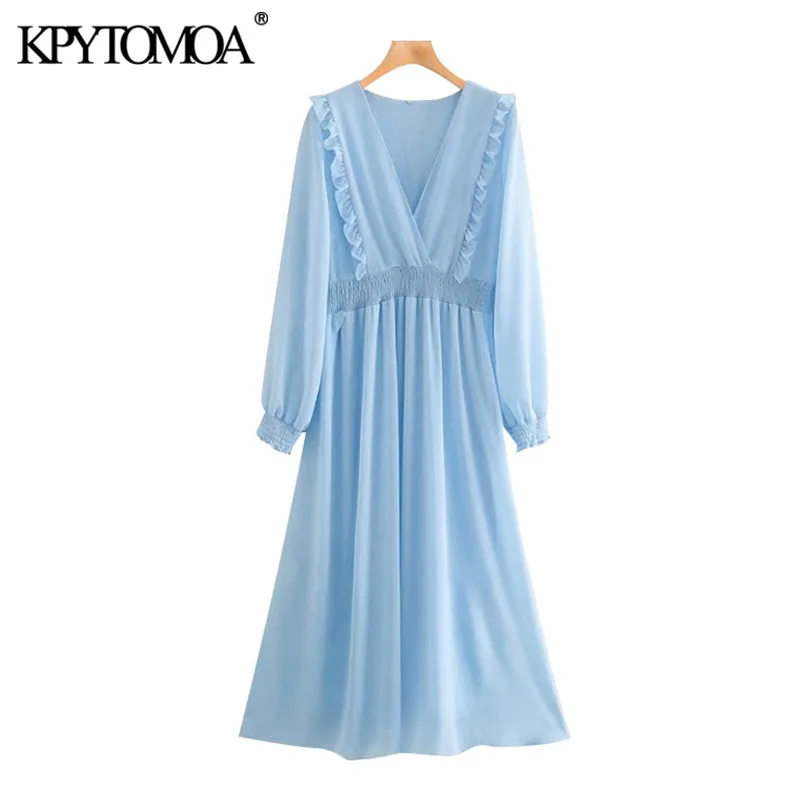 KPYTOMOA Women 2020 Elegant Fashion Ruffled Pleated Midi Dress Vintage V Neck Long Sleeve Elastic Waist Female Dresses Mujer KPYTOMOA Women 2020 Elegant Fashion Ruffled Pleated Midi Dress Vintage V Neck Long Sleeve Elastic Waist Female Dresses Mujer