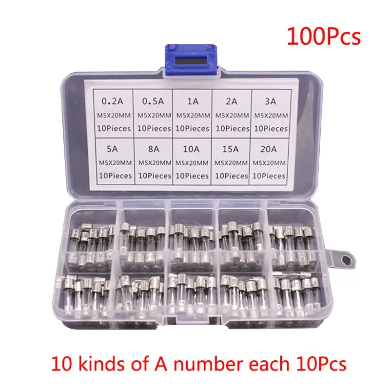 100 шт./кор. 5x20mm Fast Blow Стекло предохранители в ассортименте комплект 250V 0,2-20A для автомобиля грузовика