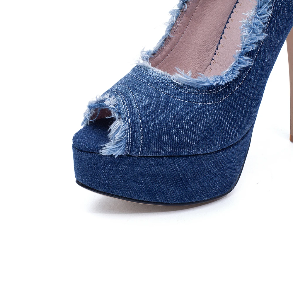 Denim Zipper Design Peep Toe Chunky Heels | Womens chunky heels, Chunky  heels, Fish mouth shoes