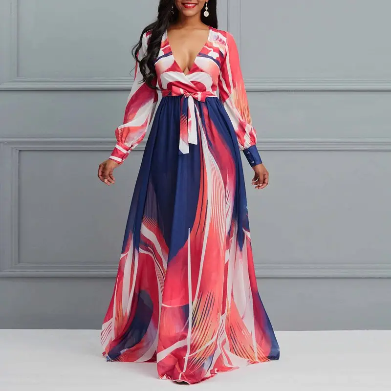 

Boho V-Neck Long Sleeve Printed Maxi Dress Boho Vacation Comfortable Chiffon Dress African Casual Elegant Fit And Flare Dress