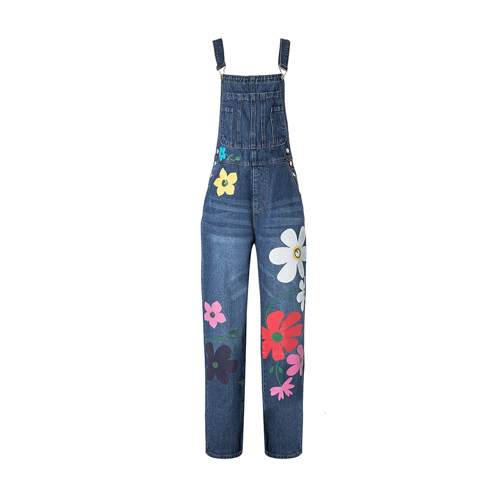 Женские джинсы размера плюс 5XL с цветочным принтом, джинсовые комбинезоны, женские облегающие брюки на подтяжках, женские свободные комбинезоны, комбинезон - Цвет: Navy blue