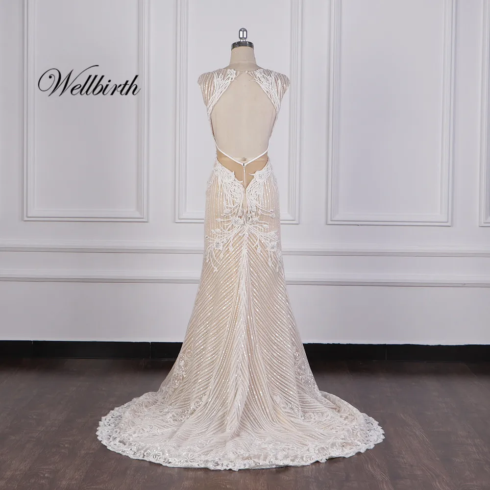 Реальное изображение Wellbirth Vestido de novia, v-образный вырез, открытая спина, Русалка, свадебное платье с коротким рукавом, свадебное платье JC031