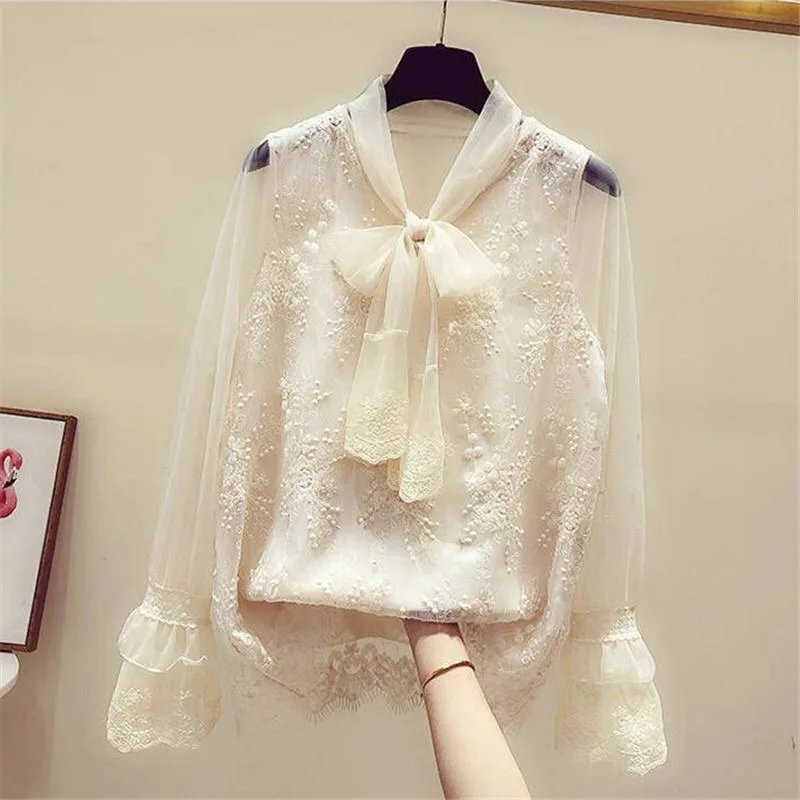 Korean Style Sweat Fairy Girl Blouses White Bowknot Lace Long Sleeved Trendy Shirt Women Loose Casual Fashion Tops Y2K Pullovers