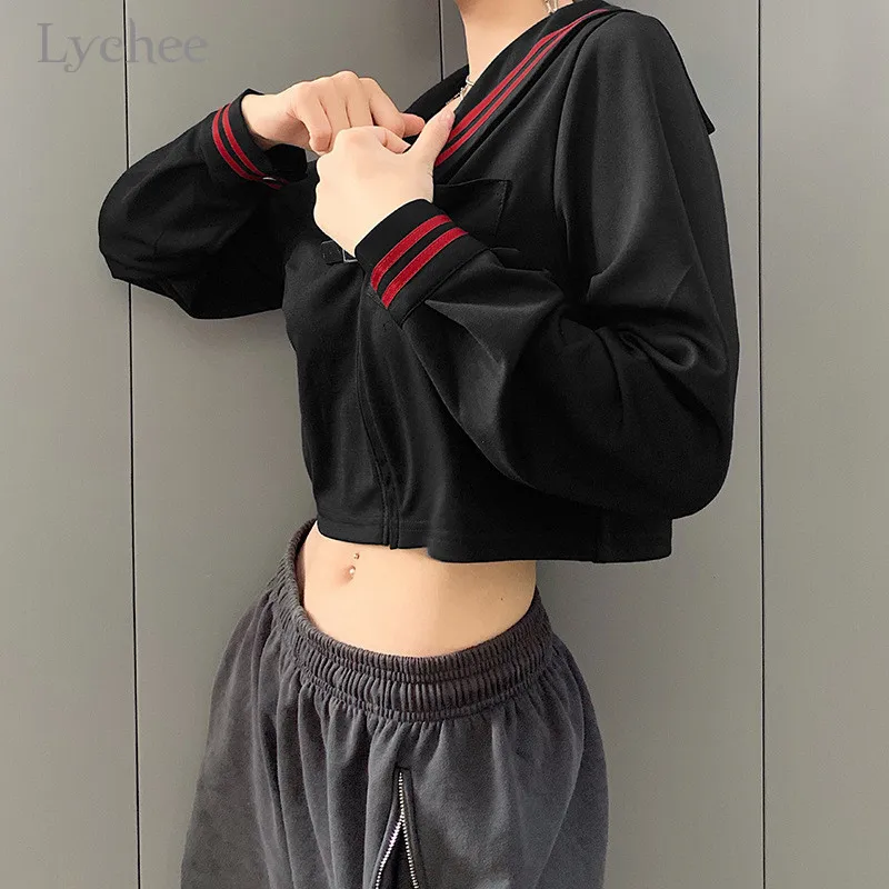 remarkable  Lychee Harajuku Casual Preppy Zipper Female Crop Coats Sailor Collar Stripe Women Jacket Spring Aut