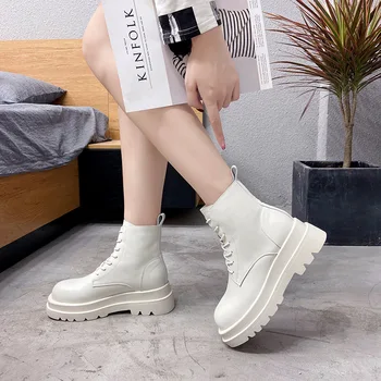 

White Chunky Platform Ankle Boots Female 2020 Winter Punk Split Leather Shoes Woman Fashion Motorcycle Boots Women