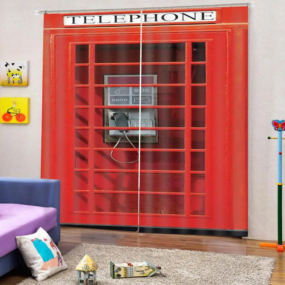 New Red Telephone Box 3D Blockout Photo Printing Curtains Draps Fabric Window 