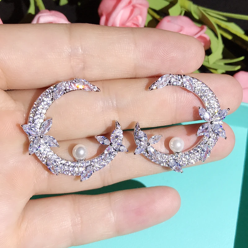 Блестящий кубический циркон модный в форме полумесяца жемчуг белое золото серьги-гвоздики для женщин