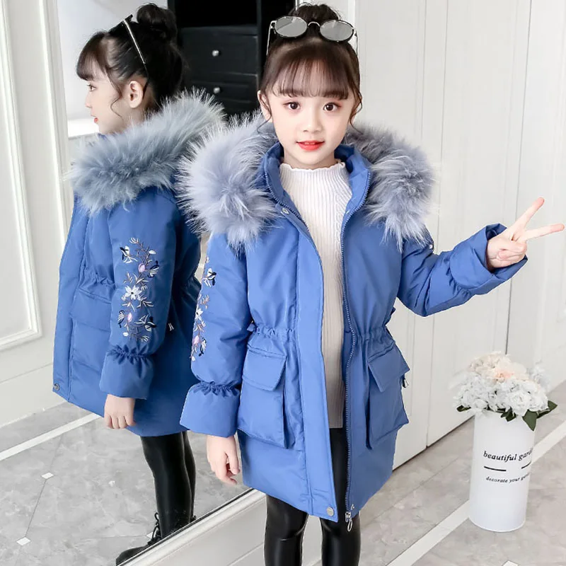 

High Quality Embroidery Floral Warm Coats Kids Fur Hooded Long Sleeve Jackets Clothing New 2019 Winter Children Outerwear Padded