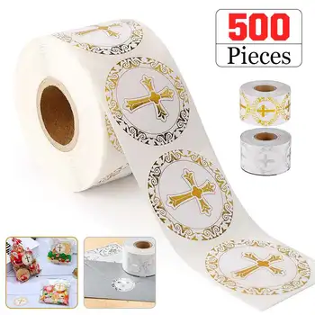 

500PCS/Roll 1.5inch DIY Christian Cross Stickers Gold Silver Foil Round Labels Sticker for Baptism Of Christ Adhesive Handmade