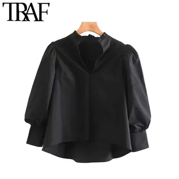 

TRAF Women Vintage Stylish Black Irregular Blouses Fashion V Neck Three Quarter Sleeve Female Shirts Blusas Chic Tops