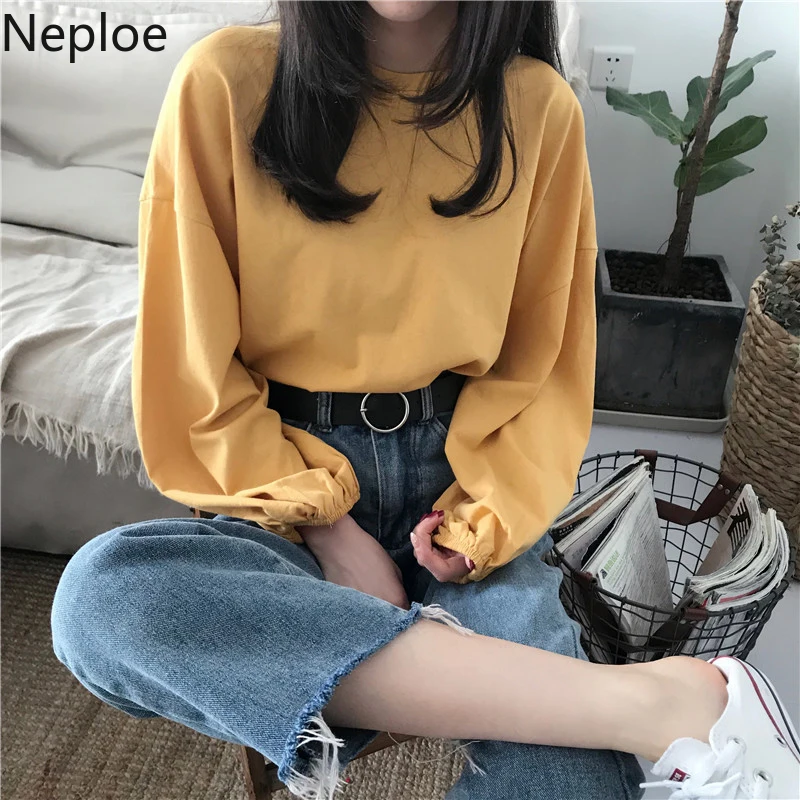 Neploe о образный вырез свободная тонкая короткая футболка женская фонарь длинный